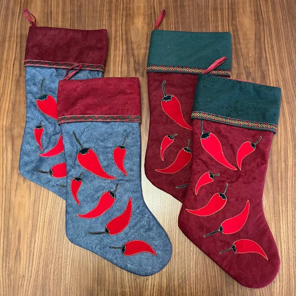 Set‎ of 4 Southwestern Christmas Stockings Red Chili Pepper Denim Burgundy Green